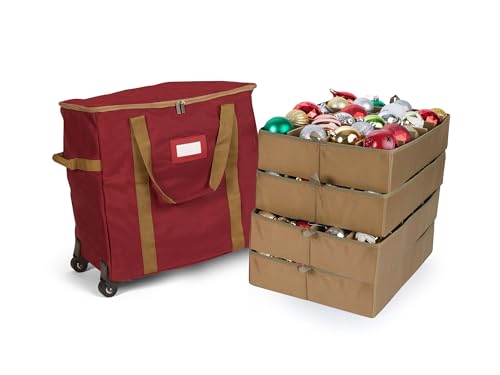 Covermates Keepsakes Rolling Adjustable Ornament Storage Bag - Carrying Handles, Padded Protection, Dual Wheels - Holiday Storage, Red