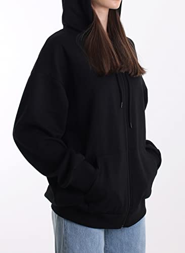 Tomlalel Women's Active Zip Up Hoodie, Oversized Loose Casual Jacket, Comfortable Long Sleeve With Pockets Zipper Drawstring (Medium, Oversized_Black) #TOP2