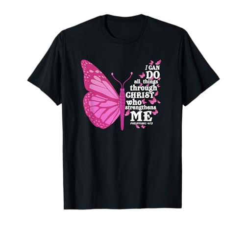 Philippians 4:13 Pink Butterfly Wing Bible Verse Christian T-Shirt