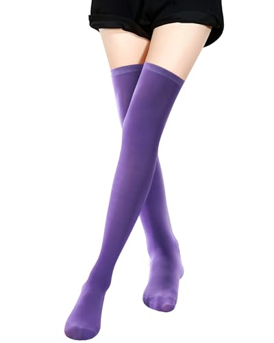 Ramede 1 Pair Women Thigh High Socks halloween Costume Over the Knee High Sock Extra Long Striped Leg Warmers Mardi Gras(Medium Purple)