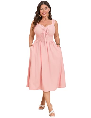 Image of ShopWonder Plus Size Summer Dress for Women Sleeveless Spaghetti Strap V Neck Tie Front A Line Casual Beach Midi Dress