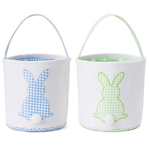 Image of CHOIEO Easter Basket with Handle - Blue Plaid+Green Plaid Canvas and Polyester Easter Bucket for Egg Hunt, Beach Tote, Gift Bag