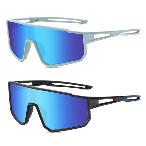 Kids Baseball Polarized Sunglasses, Sports Sunglasses for Boys Girls 6-14 Youth Sun Glasses for Cycling Running（Green/Blue Mirror+ Black/Blue Mirror）