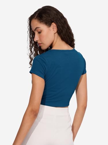Image of The Souled Store Solids: Cobalt Blue Women and Girls Square Neck Short Sleeves Polyester Blend Slim Fit Ribbed Cropped Tops