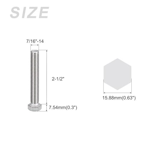 Image of METALLIXITY Hex Head Bolts (7 /16-14 x 2-1 /2 inch) 10Pcs, 304 Stainless Steel 18-8, Fully Threaded, External Hex Drive, Plain Finish, Hex Head Screw Bolt, Silver