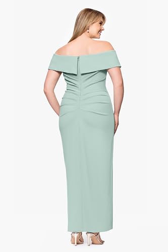 Image of Xscape Women's Plus Size Off Shoulder Straight Neck Evening Gown with Foldover Cuff, Side Ruffle, Leg Slit, Fitted Formal Dress, Sage, 18W