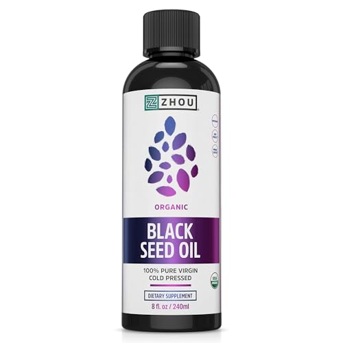 Zhou Organic Black Seed Oil - Black Cumin Seed Oil Cold Pressed, Nigella Sativa, Pure Unrefined Blackseed Liquid, Premium Supplement for Health with Thymoquinone, Omega 3 6 9 - 8 Fl Oz (Pack of 1)