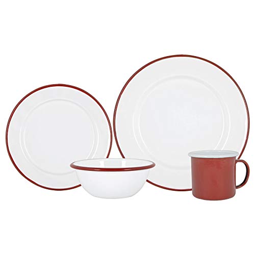 Argon Tableware Weißes Emaille -Abendessen - 25,5cm - 16pc - Rot