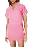 SENSERISE Womens Workout Sets 2 Piece Outfits V Neck Short Sleeve Polo Shirt and Tennis Skort Set with Pockets (Pink,XS)
