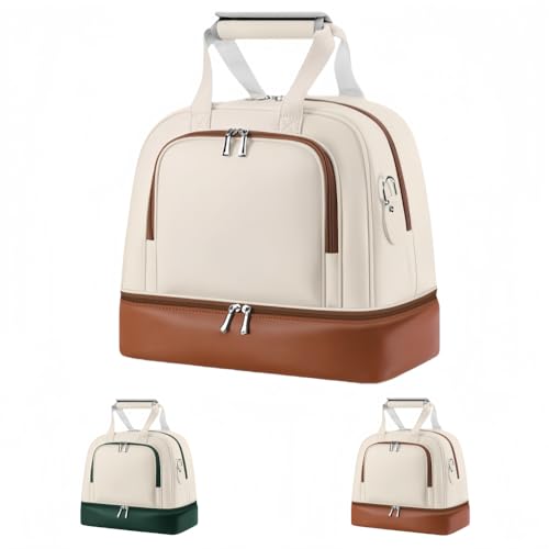 ShineLuxeゴルフボストンバッグ ゴルフトートバッグ 大容量、二重層、防水加工 PUレザー 2層式 、男性と女性向けョルダー付き ジム 旅行 出張 (YWB050-ベージュブラウン)