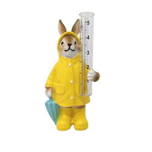 Resin Rabbit Rain Gauge – Adorable Bunny in Yellow Raincoat with Umbrella, Charming Outdoor Décor for Garden, Yard, Cabin, or Patio, Wildlife Rain Measurement Tool, Great Gift for Gardeners