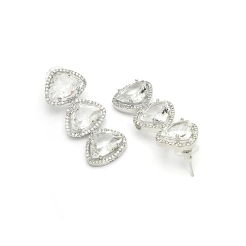 Image of ZENEME Rhodium Plated Silver Toned Triangular Shaped American Diamond Studded Jewellery Set For Women and Girl