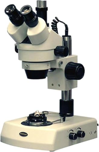 Image of AmScope SM-2TZ-DK Professional Trinocular Stereo Zoom Microscope, WH10x Eyepieces, 3.5X-90X Magnification, 0.7X-4.5X Zoom Objective, Upper and Lower Halogen Lighting, Pillar Stand, 110V-120V, Includes Darkfield Condenser and 0.5X and 2.0X Barlow Lenses