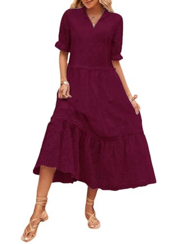 chouyatou Women's Summer Boho Embroidery Eyelet Dress V-Neck Collared Tiered Midi Tunic Dress