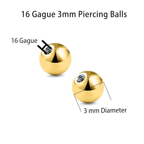 Gold Replacement Piercing Balls 16G 3mm Compatible for Externally Threaded Septum,Ear, Labret Piercings and Piercing Ball Grabber Tool,12 Pieces2