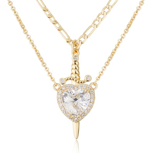 MEIITRUE Matching Necklace for Couples 14K Gold Plated Sword and Heart Necklaces Trendy Set Dainty Zirconia Cross Pendant Figaro Chain Jewelry Gifts for Him and Her White