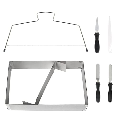 FINDIR Backrahmen Set Verstellbar Backform Rechteckig Edelstahl Backrahmen Rechteckig Verstellbar mit Teilern Tortenring Eckig Schneidehilfe und Tortenschneider für Tortenboden Kuchen Boden Cover