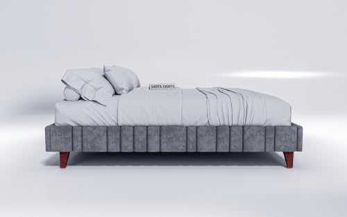Image of Craft Modern Upholstered Double Size Bed for Bedroom | Wooden Double Bed | Platform Cot Bed with Upholstery Premium Fabric | 6.5 x 4 Ft | Sheesham Wood, Rosewood, Grey
