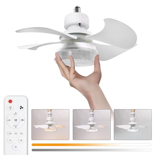 OKSANO 36cm Silencieux Ventilateur de Plafond avec Lumière et Telecommande,30W Lampe Ventilateur avec Douille E27, Dimmable LED Ventilateur Plafond pour Chambre, Salon, 3 Vitesses, 5 Pales