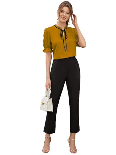 Image of Stylistico Soft Polyester Formal Stylish tie-up Office Solid Western Summer Short v-Neck Casual Plain Puff Half Sleeves Tops for Women Latest