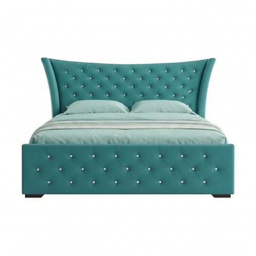 Image of Pearl Upholstered Queen Size Bed with Box Storage for Bedroom | Elegant Wooden Double Bed with Storage | Platform Cot Palang with Tufted Headboard | 6.5 x 5 Ft, Sheesham Wood, Light Blue