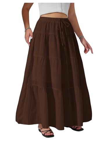 Image of Verdusa Women's Long Maxi Skirt Boho Flowy Flared Ruffle Skirts 2026 Beach Vacation Summer Going Out Outfits