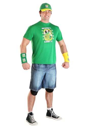 WWE Mens John Cena Costume | Authentic Muscle Shirt Wristbands Hat and Shorts Set for Halloween or Cosplay Large