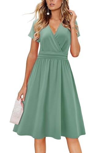 Image of Newshows Womens Summer Short Sleeve Casual Dresses V Neck Floral Vacation Sundress Faux Wrap Midi Dress with Pockets