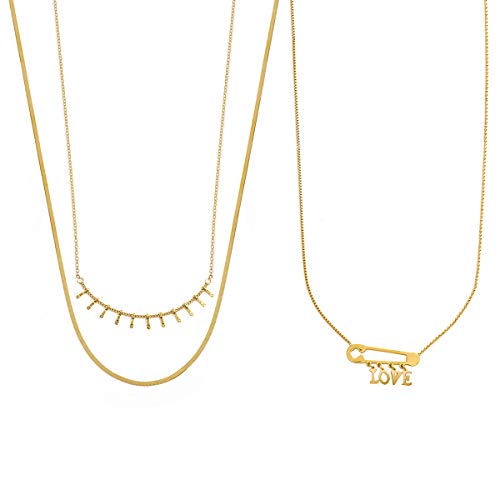 EZreal-Stainless Steel Disc Bar Pendant Layering Necklace Stainless Steel Layered Chain Choker 2 Pack (Style A)