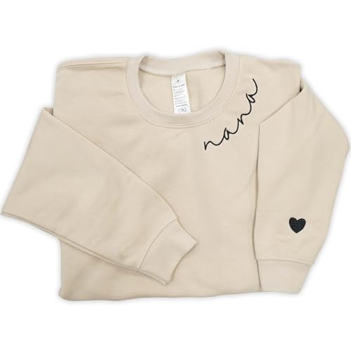 IZI POD - Nana Embroidered Crewneck Sweatshirt Heart On Sleeve for Women - Gifts For New Nana Birthday Christmas Mothers Day Valentine Embroidery Pullover Sweater Shirt Sand For Grandma