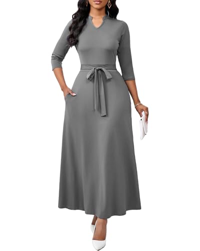 BubFee Grey Dress for Women Semi Formal Long Dress Elegant 3/4 Sleeve Casual A-line Maxi Dresses with Belt Large