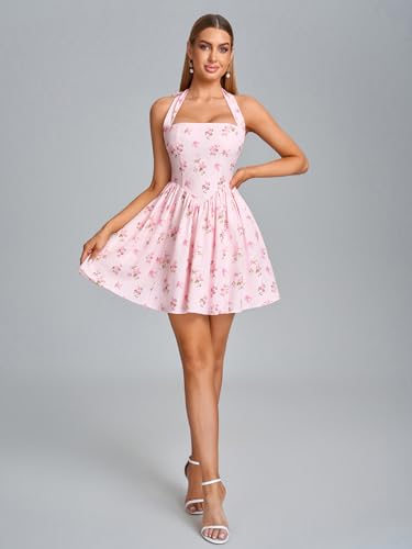 Image of Parthea Women's Floral Halter Mini Corset Dress Sleeveless A Line Flowy Cute Party Graduation Dress