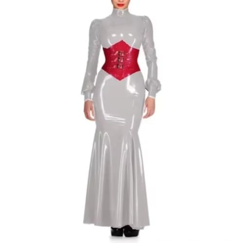ERFSQIYALHJ Wetlook PVC Leder Meerjungfrau Kleid Puffärmel Maxi Bodycon Kleid Clubwear Fetisch Outfits (Silber,5XL)