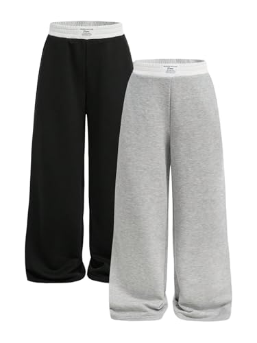 RoseSeek Girl's Wide Leg Sweatpants Elastic Waist Color Block Baggy Sweatpants Joggers Track Pants 2 Pack Grey and Black 12Y