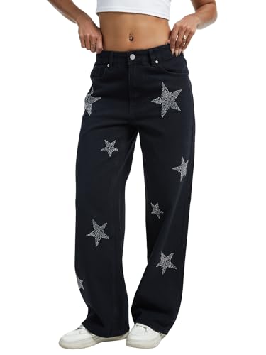 Wanduyini Women's Rhinestone Embellished Straight Leg Jeans Star Sparkling Denim Pants for Parties Night Out Casual Glam (Black,M)