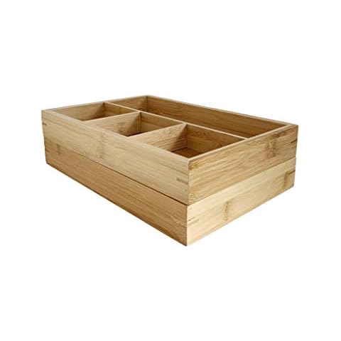 Two Compartment Bamboo Wooden Drawer Dividers - Multifunctional Organizer Serving Tray Storage Box Dual Pack Cover