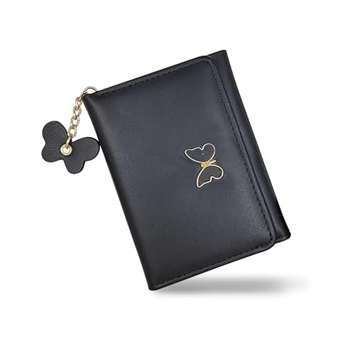 Card Holder Wallet, PU Leather Credit Card Wallet for Women and Girls, Multi Card Slots Womens Wallet Cute Wallet with Butterfly Pendant for Travel, Shopping, Dating (black)