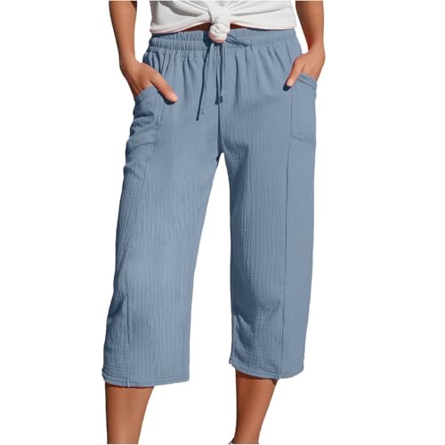 DaPongZhi Caprihose Damen Sommer Musselin Kurze Hose Leinen Shorts Sommerhose Leicht Stoffhose Beach Hosen Mit Taschen Stretch Gerades Bein Kordelzug Leinenhose