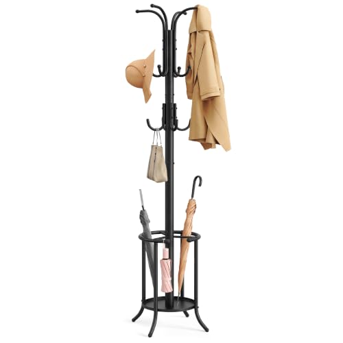 SONGMICS Perchero, Perchero con Paragüero, 12 Ganchos, Estructura Metálica, 175 cm de Alto, para Entrada, Salón, Dormitorio, Negro Tinta RCR011B01