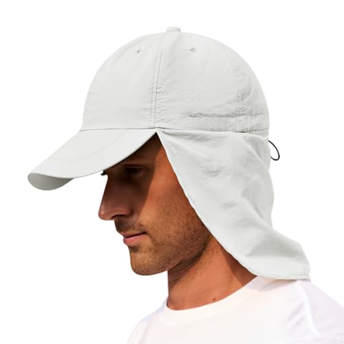 Mens Sun Hats with UV Protection Fishing Hiking Hat for Men with Neck Flap Summer Baseball Cap Outdoor Light Grey