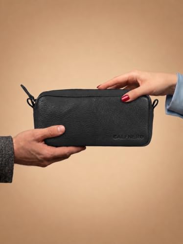 Image of Calfnero Genuine Leather Toiletry Bag for Men & Women | Premium Leather Travel-Pouch | Toiletry Organizer | Cosmetic & Shaving Kit Bag | Unisex Travel Dopp Kit (Black)