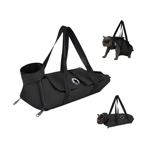 Plliocse Cat Grooming Bag Black Cat Nail Clipping Cleaning Grooming Restraint Bag, Anti Scratch Pet Grooming Bag with Leg Holes for Cats Nail Trimming, Ear Cleaning (Black, S)