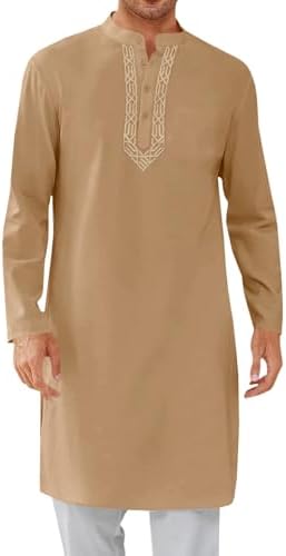 Runcati Mens Kaftan Thobe Button Down Casual Henley Shirts Long Sleeve Robe Cotton Linen Muslim Gown Shirt