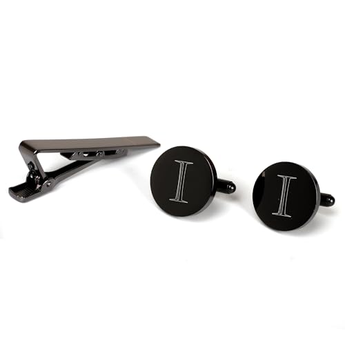 Image of Mens Initial Cufflinks and Tie Clip A-Z Alphabet Letter Black Stainless Cuff Links Tie Bar with Engraved Walnut Wood Box Groom Groomsman Wedding Set