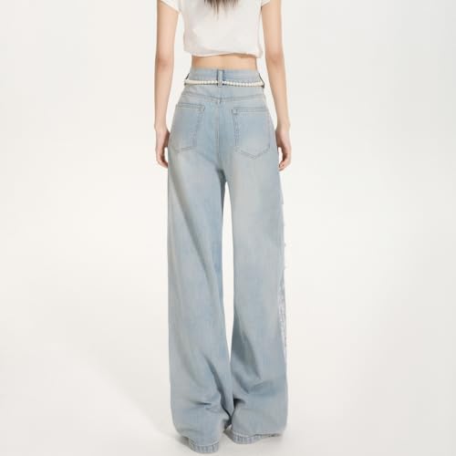 Women's Lace Patchwork Hollow Jeans, Y2k Baggy Straight Wide Leg Denim Pants, Embellished Floral Hollow Out Pants4