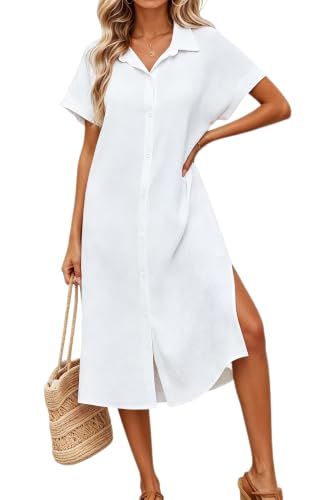 Halife White Button Down Shirt Women Beach Cover Up Side Split Long Kimonos Cardigans Swimsuit Cover-Ups Summer Beach Dress Coverup XL