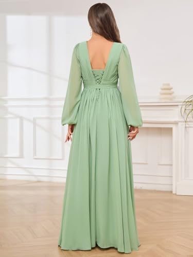 BOLENSYE Women's Long Sleeve Bridesmaid Dresses Chiffon Ruched A Line Formal Evening Party Gown with Slit2