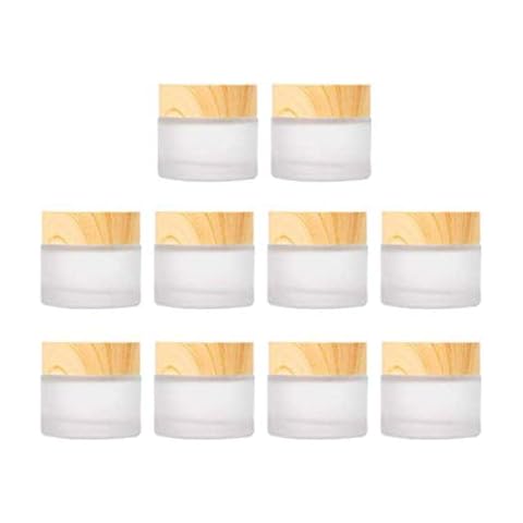 Healthcom 10 Pcs 5 Grams/5 ML Empty Frosted Glass Cream Jars Bottle Vials with Wood Grain Lid Lotion Jars Cosmetic Comtainers Refillable Glass Cream Box Jar Pot for Makeup Lotion Lip Balm Eye Cream Cover