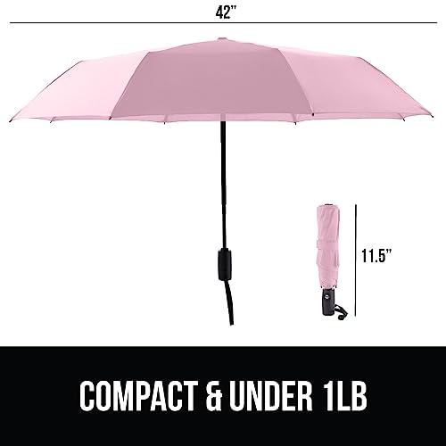 Image of GORILLA GRIP Compact Travel Size Umbrella for Rain, Sleek Design Fits Backpack, Purse and Carry On, Lightweight Under 1lb, One Click Open and Close, Wind Resistant, Durable Waterproof Quick Dry, Pink