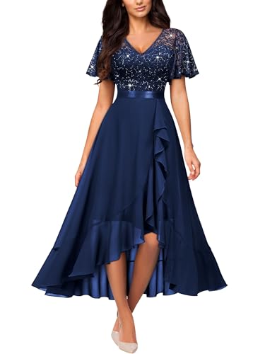 Miusol Women's Classy V-Neck Butterfly Sleeve Sequined Floral Lace Ruffle Split Bridesmaid Party Dress (Medium, Navy Blue)
